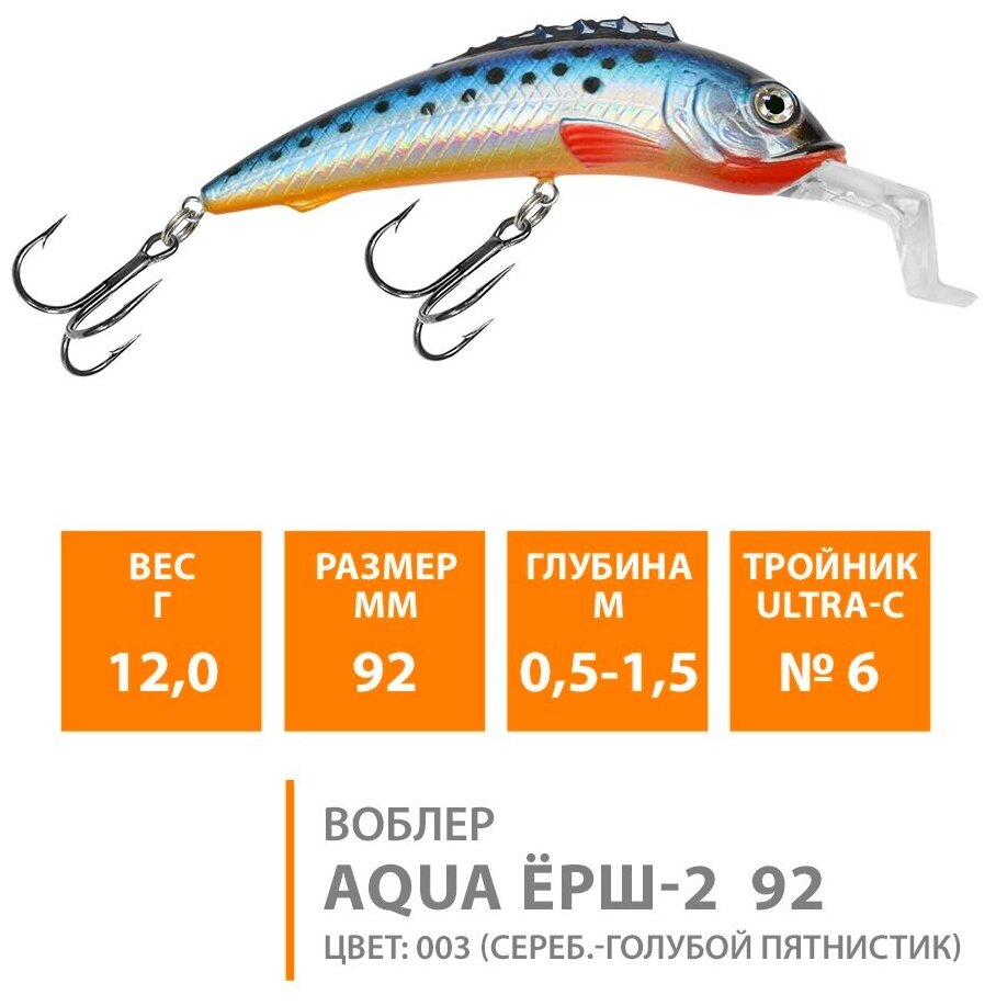 Воблер для рыбалки плавающий AQUA Ерш-2 92mm 12g заглубление от 0.5 до 1.5m цвет 003