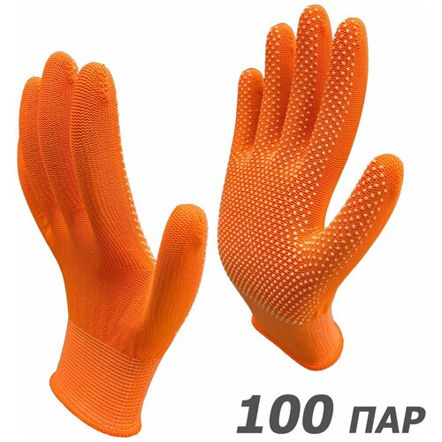 100 пар. Перчатки рабочие Master-Pro микротач оранжевый, нейлоновые с ПВХ покрытием,