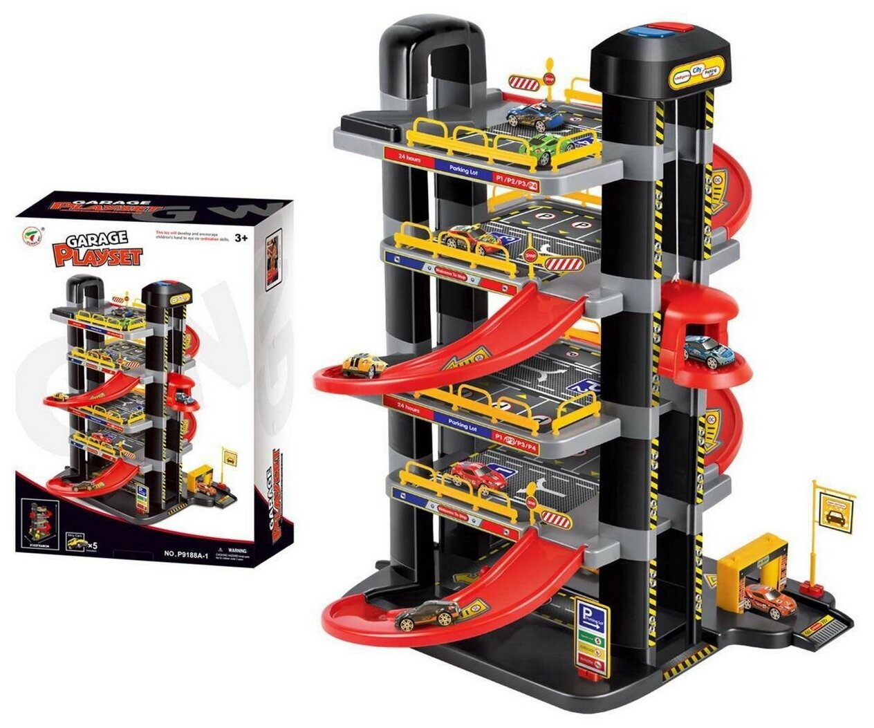 Парковка 5-ти уровневая с автоматическим подъемником, в наборе с машинками и аксессуарами, не менее 49 элементов, в коробке P9188A-1