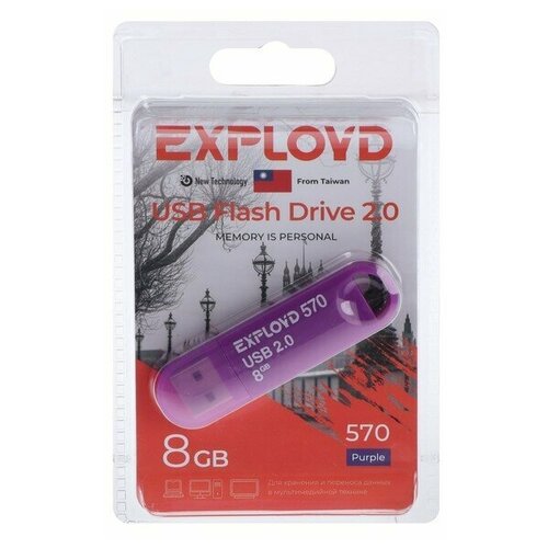 Флешка Exployd 570, 8 Гб, USB2.0, чт до 15 Мб/с, зап до 8 Мб/с, фиолетовая фиолетовая