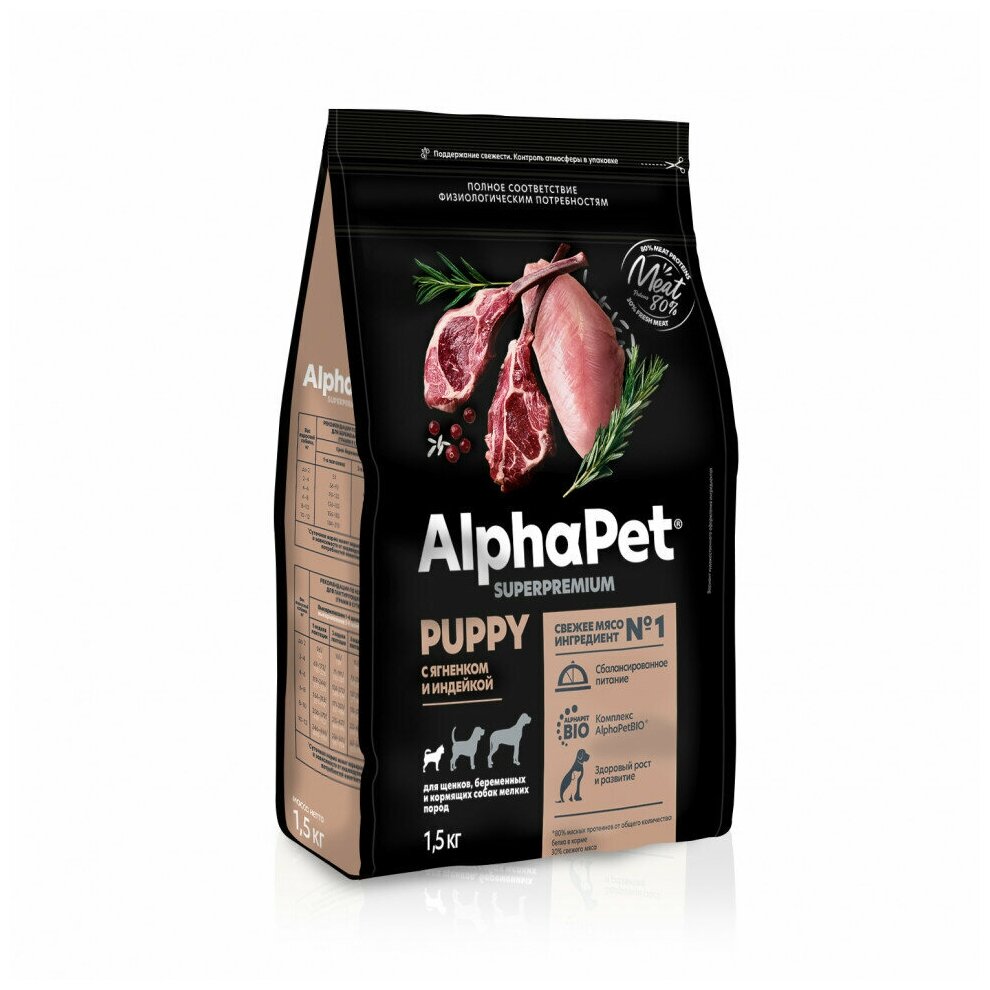 Сухой полнорационный корм AlphaPet Superpremium с ягненком и индейкой для щенков, беременных и кормящих собак мелких пород 1,5 кг