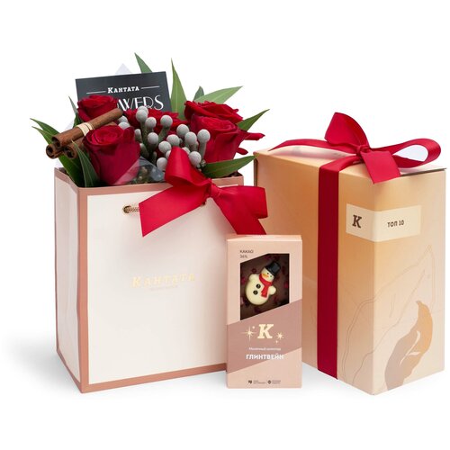 Новогодний подарок с цветами, чаем и шоколадом 