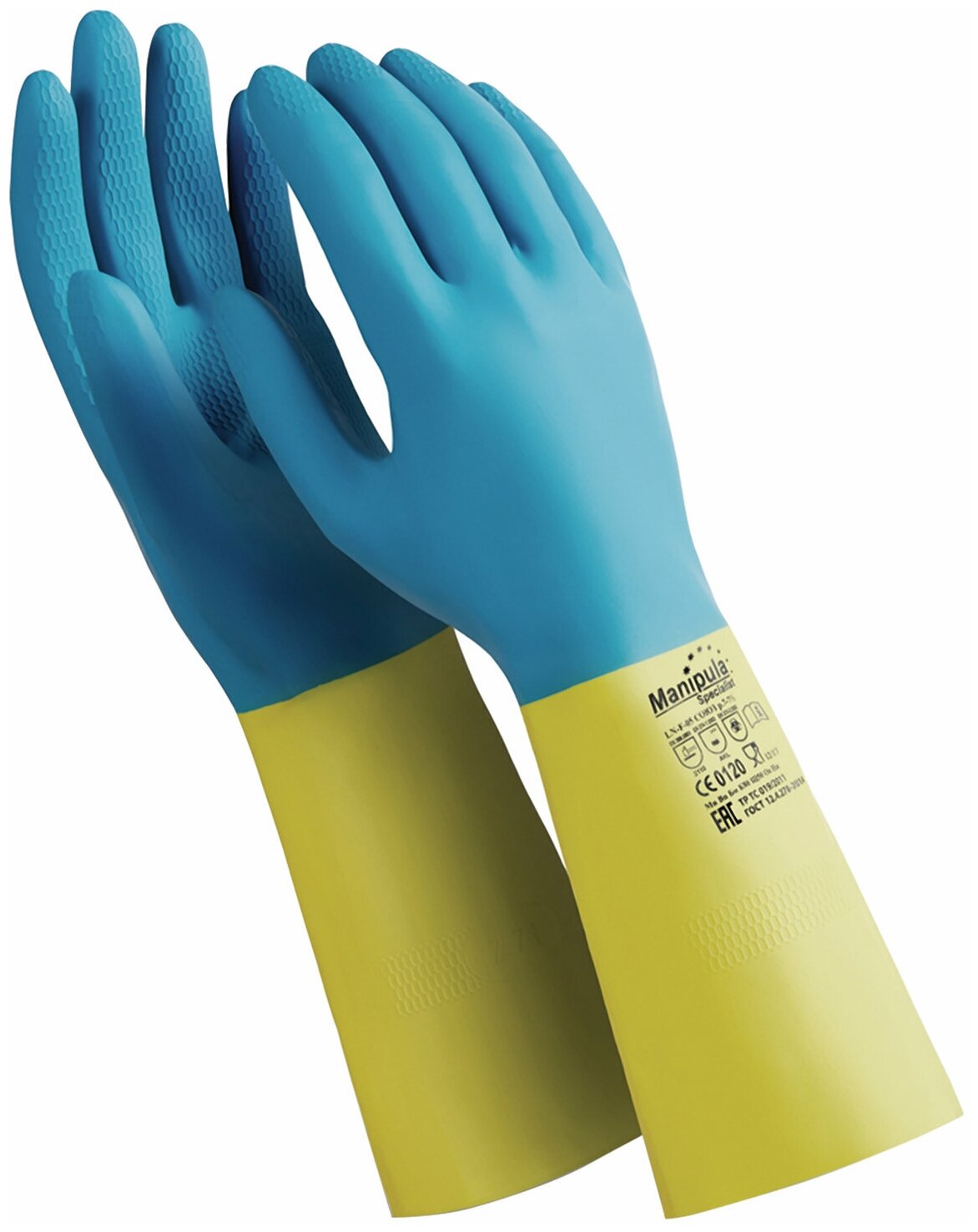 Перчатки латексно-неопреновые MANIPULA "Союз", хлопчатобумажное напыление, размер 7-7,5 (S), синие/желтые, LN-F-05 В комплекте: 1шт.