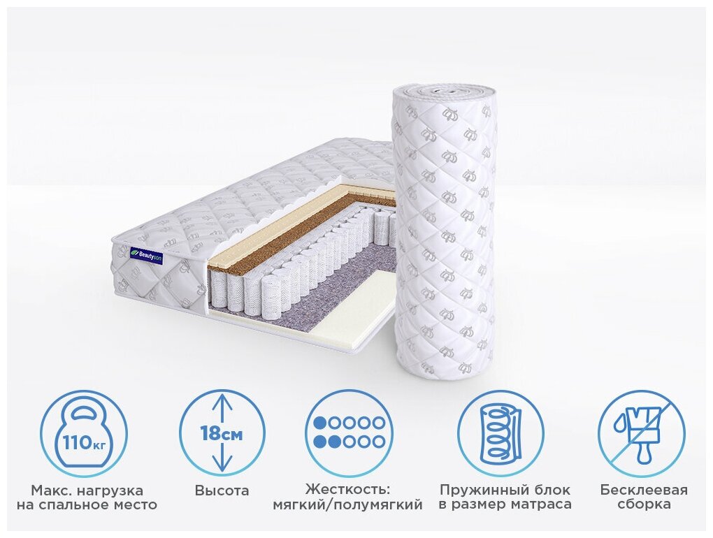 Матрас ортопедический пружинный Beautyson SPRING Mix Soft S600 70x185, односпальный, без клея, поставляется в рулоне