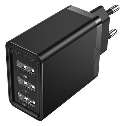 Сетевое зарядное устройство Vention на 3 порта USB 2.4A Черный