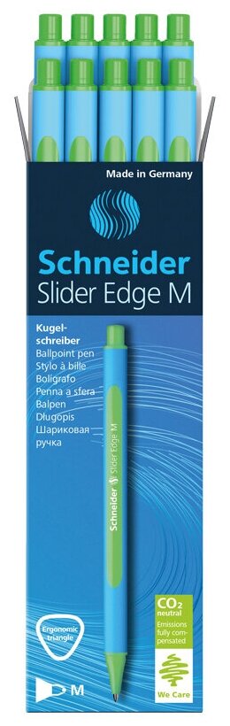 Ручки шариковые зеленые набор для школы 10 штук/ комплект Schneider "Slider Edge M" трехгранных с прорезиненым корпусом, линия письма 1 мм, канцелярия для офиса/сделано в Германии