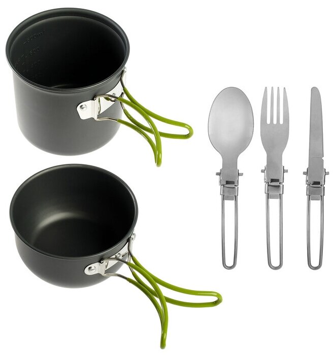 Набор посуды туристический: 2 кастрюли, вилка, ложка, нож