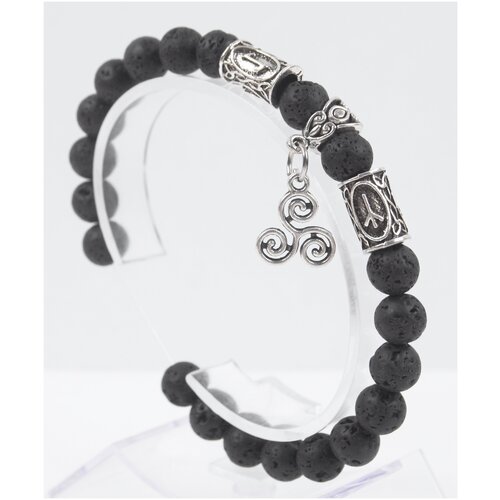 фото Браслет-оберег из натурального камня лава с подвеской трискель/руническая формула уверенности и энергии/чёрный браслет-талисман из бусин, бижутерия x-rune