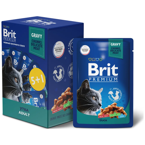 Brit Premium набор паучей для взрослых кошек с уткой кусочки в соусе - 85 г х 5+1 шт