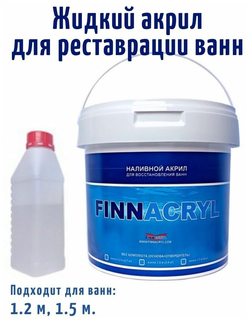 Жидкий акрил для ванн FINNACRYL 3 кг. 1.2м, 1.5м Гладкое глянцевое покрытие, 3 кг, белый