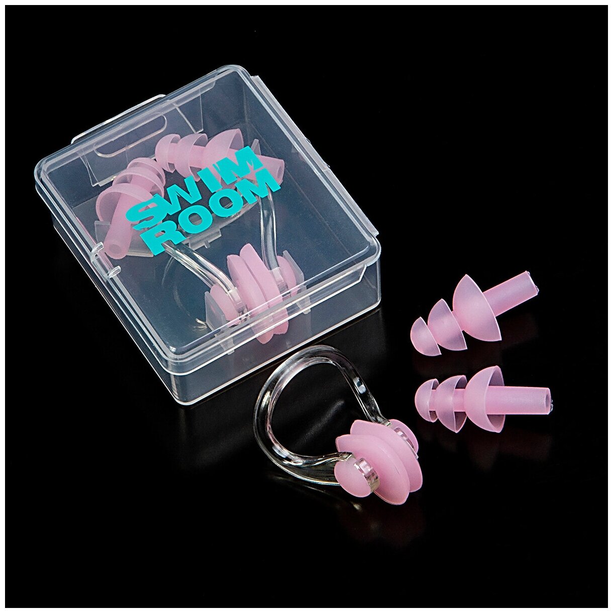 Комплект беруши и зажим для носа для плавания и бассейна SwimRoom “Earplugs and nose clip”, цвет розовый