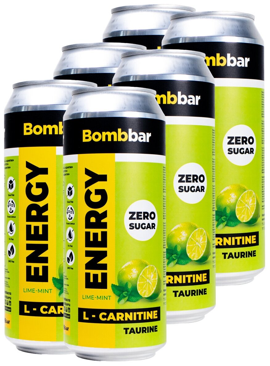 Bombbar, Энергетический напиток без сахара с Л-карнитином ENERGY, 6шт по 500мл (Лайм-мята)