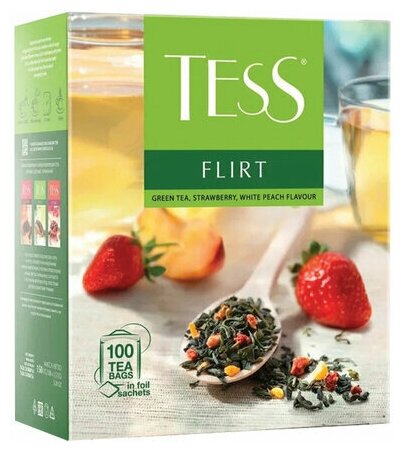 Чай TESS (Тесс) "Flirt", зеленый с клубникой и манго, 100 пакетиков по 1.5г, ш/к 1476, 1476-09