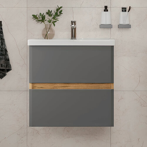 Изображение товара Тумба подвесная SanStar Graffa 60 с раковиной Фостер 60 (комплект) для ванной комнаты Дуб вотан, графит софт