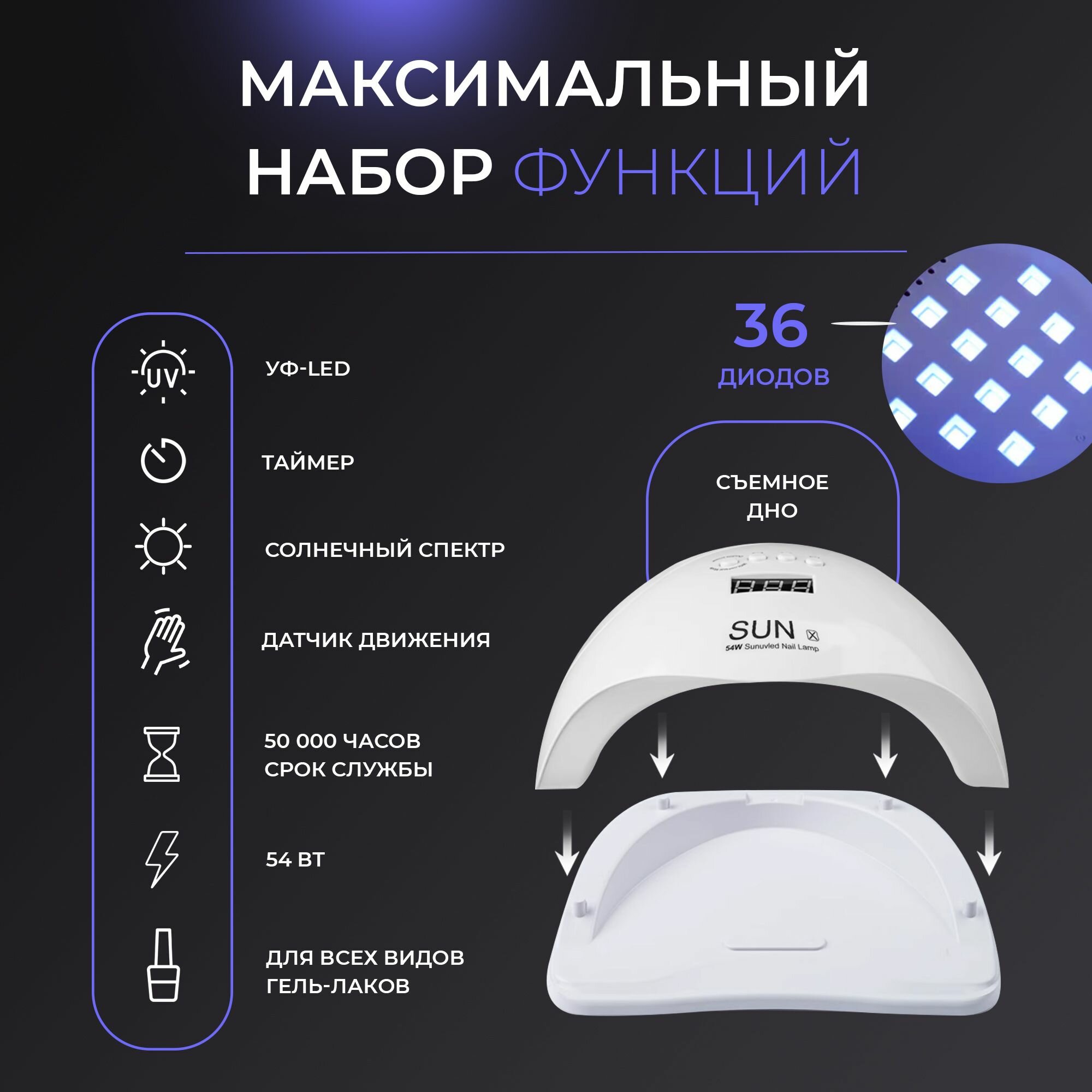 Лампа для маникюра SUN X54W с сенсорным управлением, LED/UV, 54Вт, 36 светодиодов, 90сек — фото 1