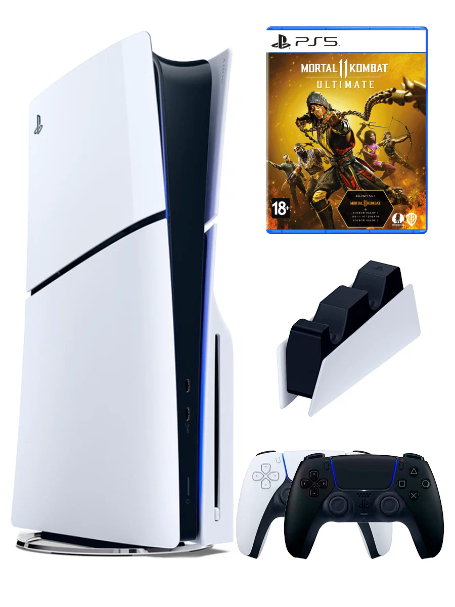PS5 (ПС5) Игровая приставка Sony PlayStation 5 Slim disk+2-й геймпад(черный)+зарядное+ Mortal Kombat 11 , 1000 ГБ