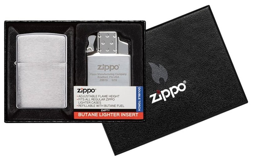 Оригинальный подарочный набор ZIPPO 200-082950: бензиновая зажигалка ZIPPO 200 с покрытием Brushed Chrome и газовый вставной блок с двойным пламенем