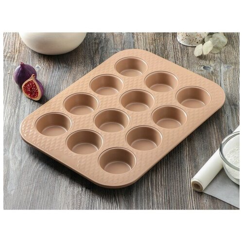 Форма для выпечки Magistro Shiny Diamond, 39,4×28,8×3,2 cм, 12 ячеек, толщина 0,6 мм, антипригарное покрытие, цвет золотой золотистый, коричневый