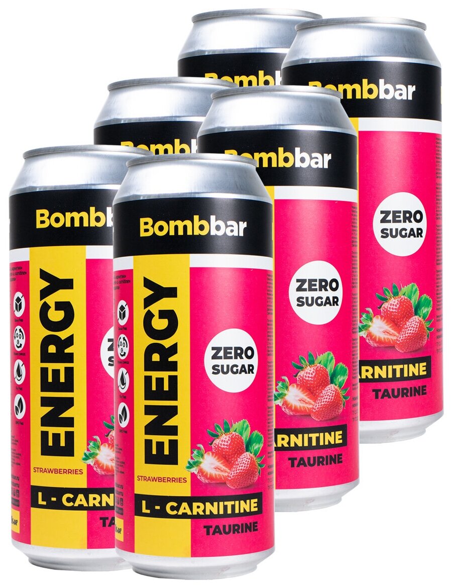Bombbar, Энергетический напиток без сахара с Л-карнитином ENERGY, 6шт по 500мл (Клубника-земляника)