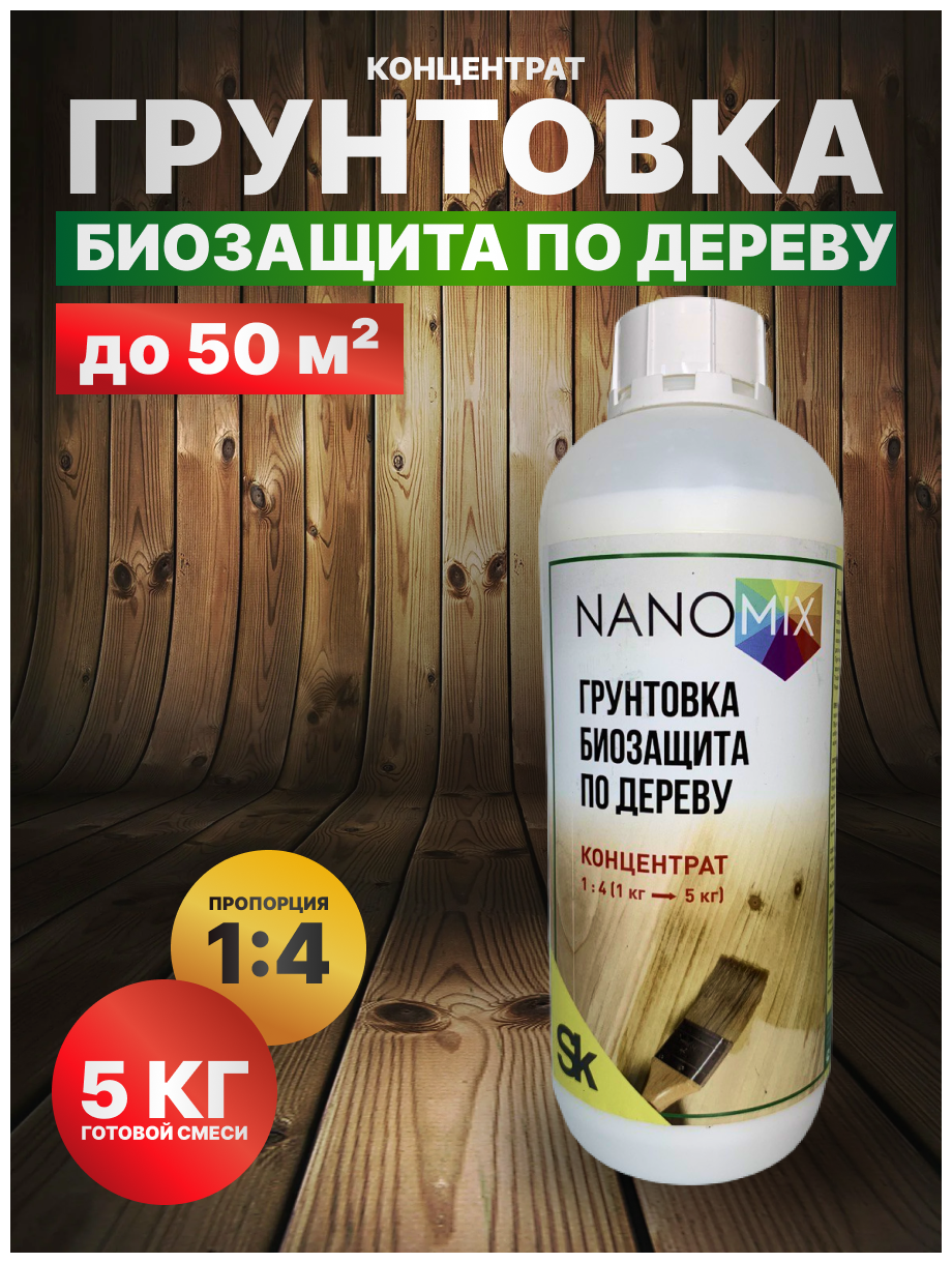 Грунтовка по дереву NanoMix акриловая на водной основе бесцветная. Биозащита по дереву для наружных и внутренних работ. Грунт-антисептик для дерева