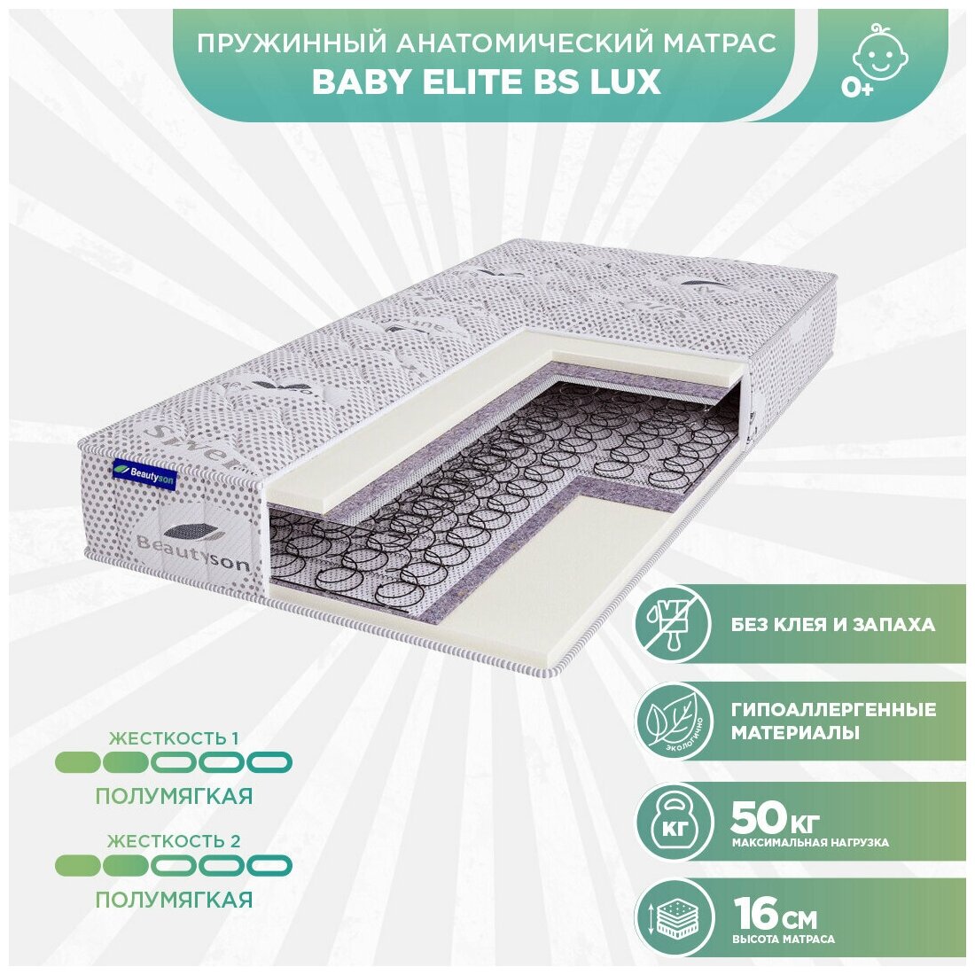 Матрас детский пружинный Beautyson Baby Elite BS LUX 65x140 (Белый), без клея и запаха
