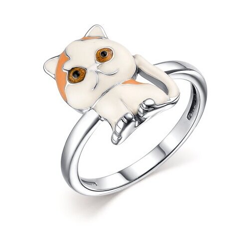 Детское серебряное кольцо кошка породы Эксзот с эмалью родированное 14.5 размера.