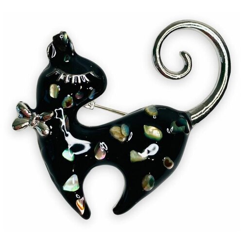 Брошь значок металлическая, брошка черная кошка серебристая с дуохромными камнями, символ года 2023