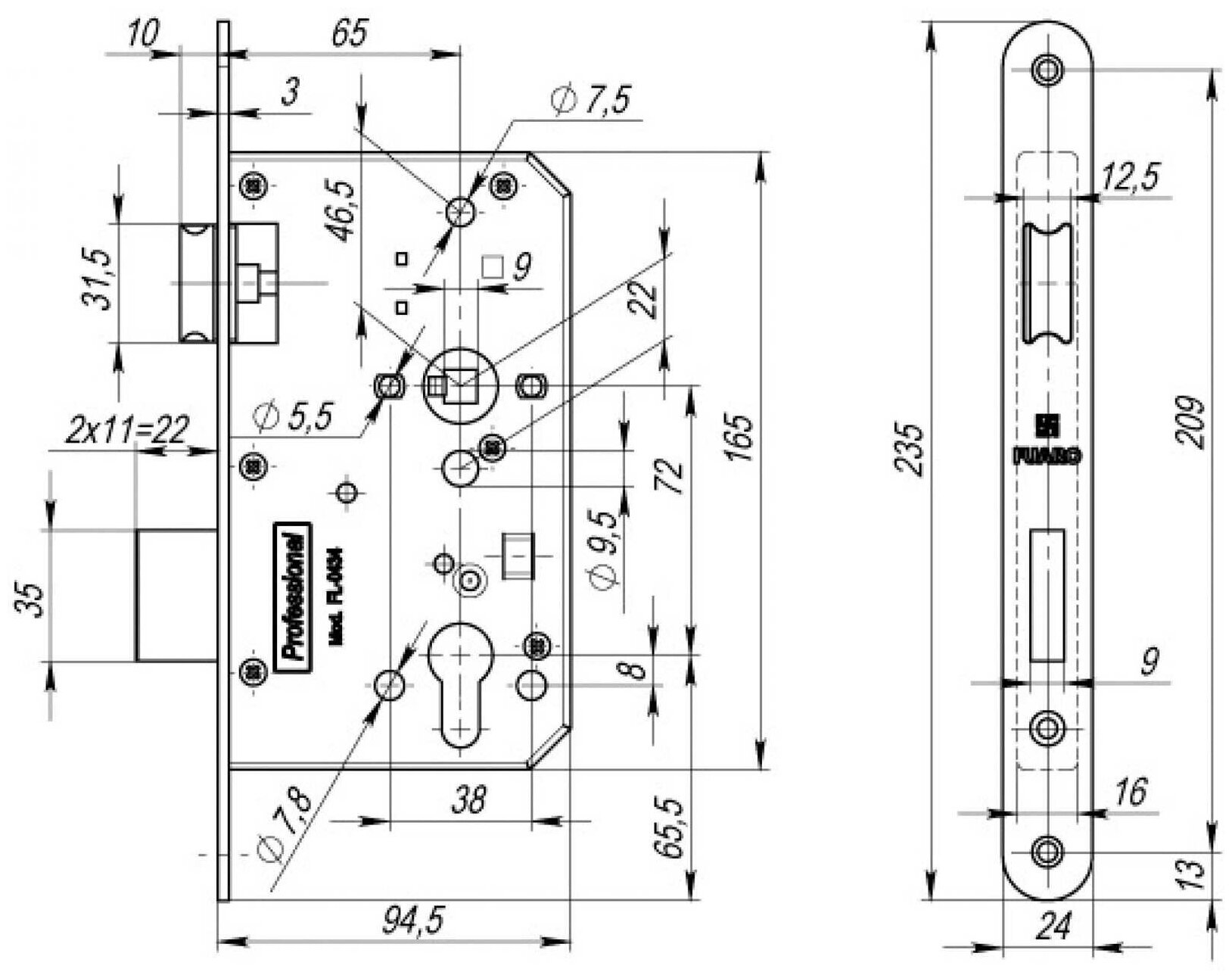 Корпус врезного замка с защёлкой Fuaro FP. C-65.72-0434 (FL-0434)