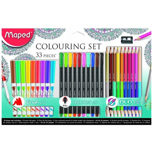 Набор для рисования MAPED Coloring Set: 10 фломастеров-кистей, 10 капиллярных ручек, 12 цветных карандашей, точилка