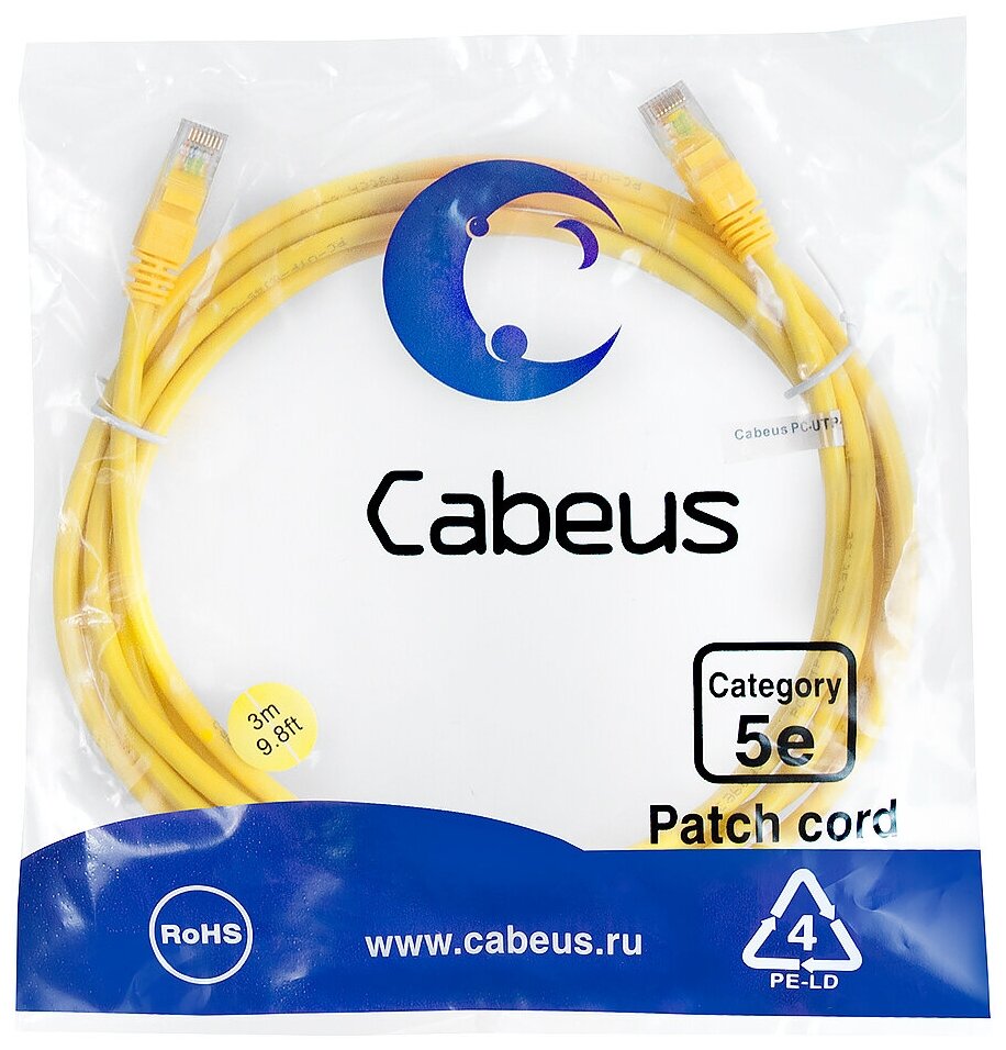 Патч-корд Cabeus PC-UTP-RJ45-Cat.5e-3m-YL Кат.5е 3 м желтый