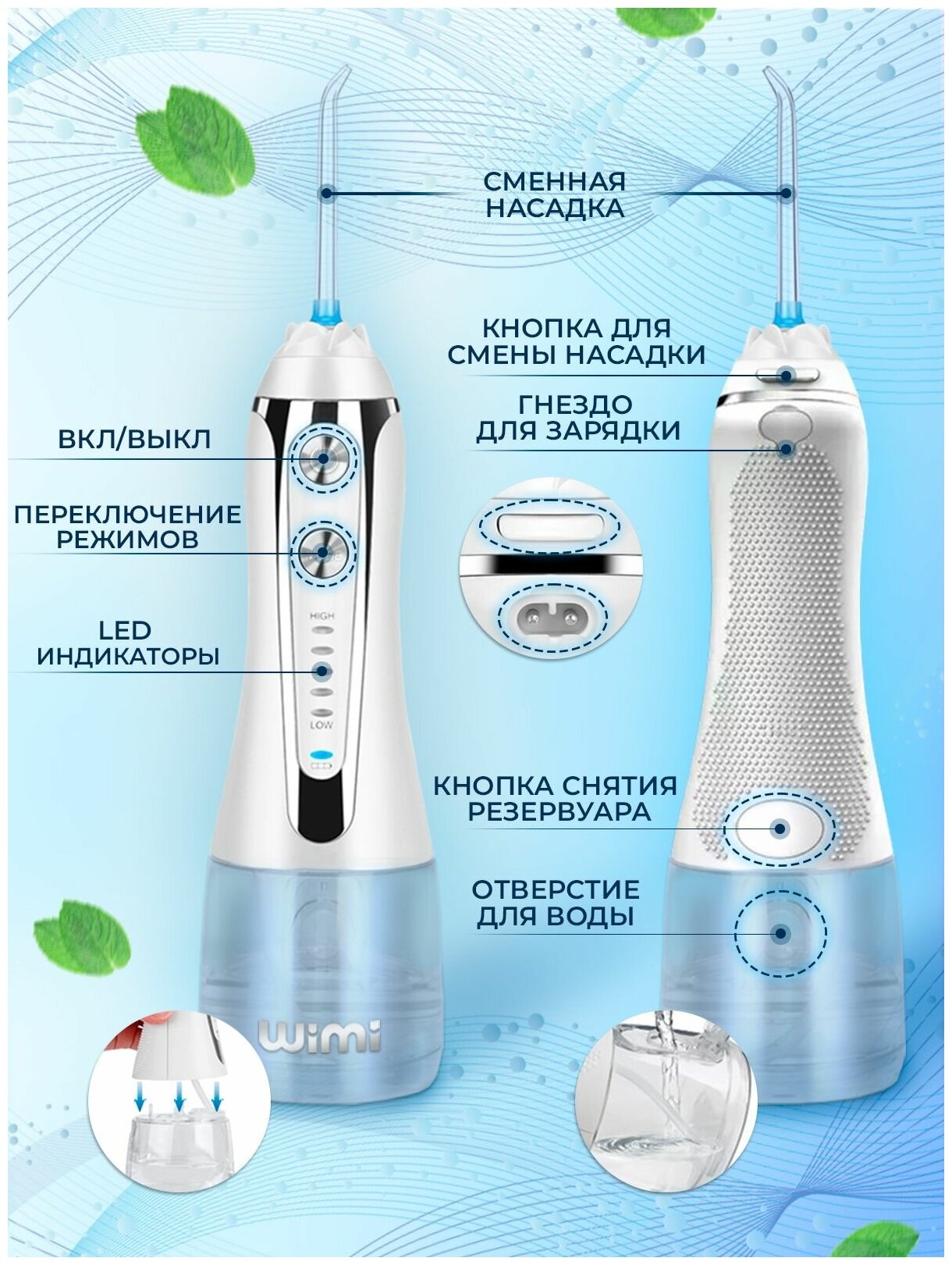Ирригатор для полости рта WiMi, медицинский беспроводной ирригатор портативный для чистки зубов и языка, для десен, для брекетов, белый - фотография № 7