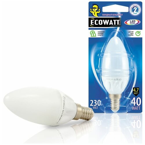 Светодиодная лампа ECOWATT B35 230В 4.7W 4000K E14 холодный белый свет, свеча 4606400613992