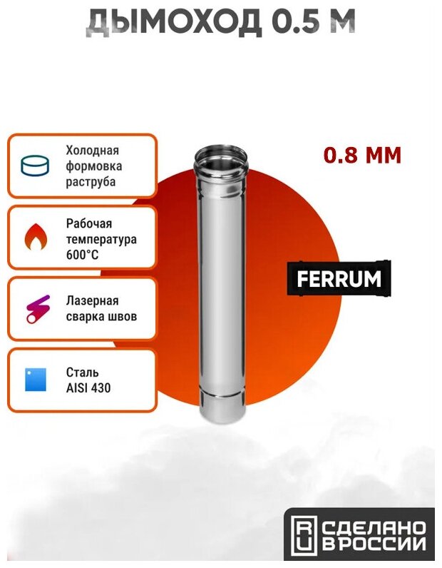 Дымоход Ferrum 0,5 м AISI 430/нерж. 0,8 мм (150 мм) - фотография № 1