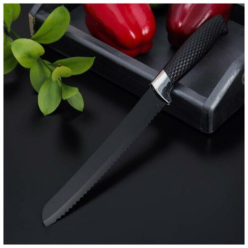 Нож с антиналипающим покрытием Доляна «Супер-блэк», лезвие 20 см, хлебный, цвет чёрный