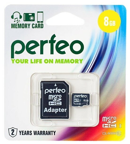 Карта памяти PERFEO microSD 8GB High-Capacity (Class 10) с адаптером BL1