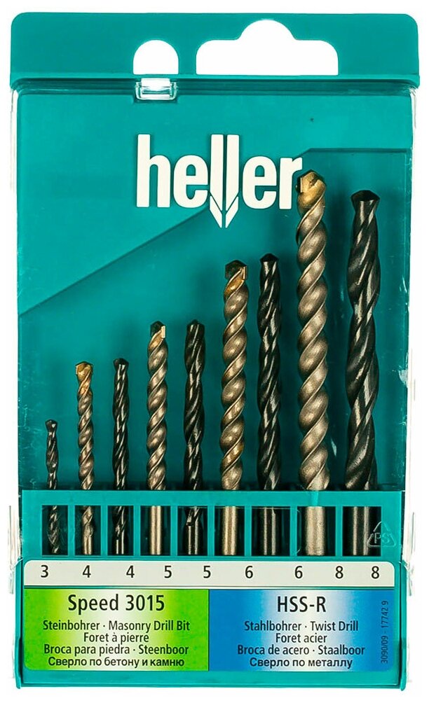 Набор комбинированный универсальный Heller: HSS по металлу ф 3/4/5/6/8, камень Ø 4/5/6/8 (9 пр)