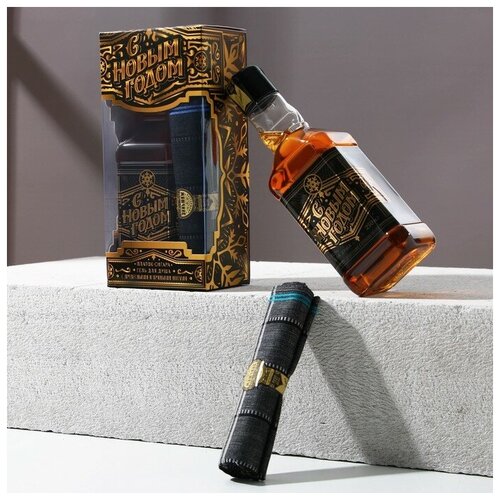Набор «С Новым годом!»: гель для душа во флаконе виски, древесный с пряными нотами, 250 мл; платок в форме сигары