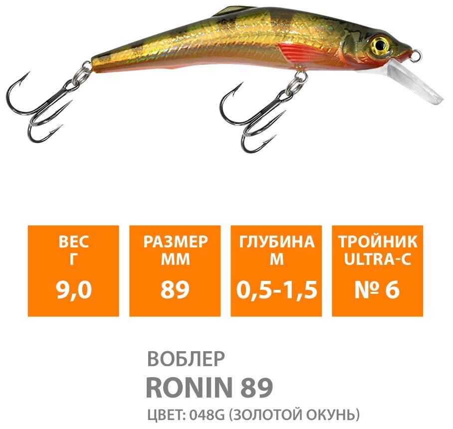 Воблер для рыбалки плавающий AQUA Ronin 89mm 9g заглубление от 0,5 до 1.5m. цвет 048G