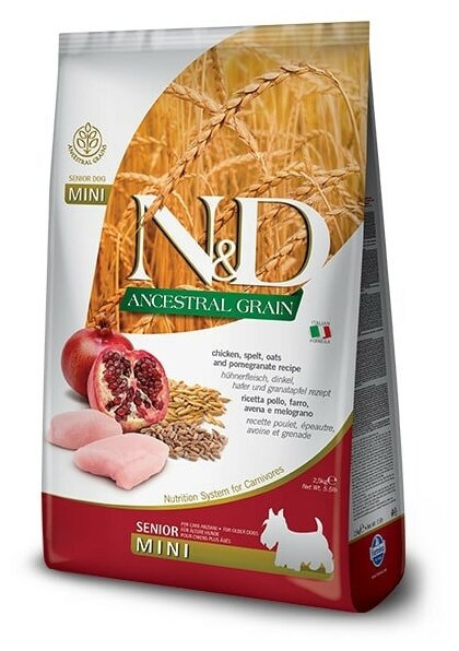 Farmina N&D Ancestral Grain Dog Chicken, Spelt, Oats And Pomegranate Senior Mini сухой низкозерновой корм для пожилых собак мелких пород с курицей и гранатом - 2,5 кг