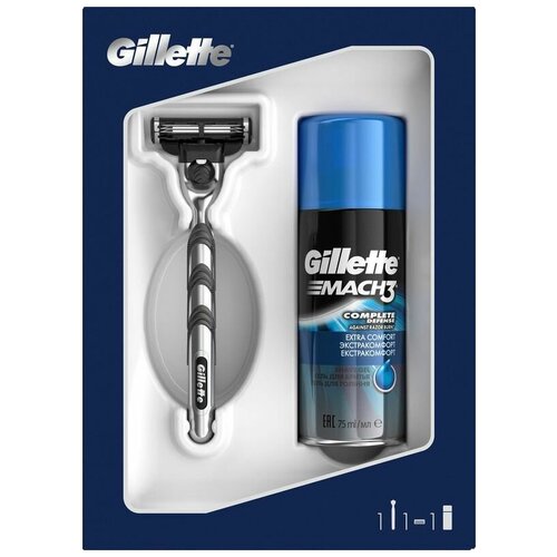 Набор Gillette Mach 3 подарочный бритва со сменной кассетой и гелем для бритья средства для бритья gillette бритва gillette fusion cool white power с 1 сменной кассетой