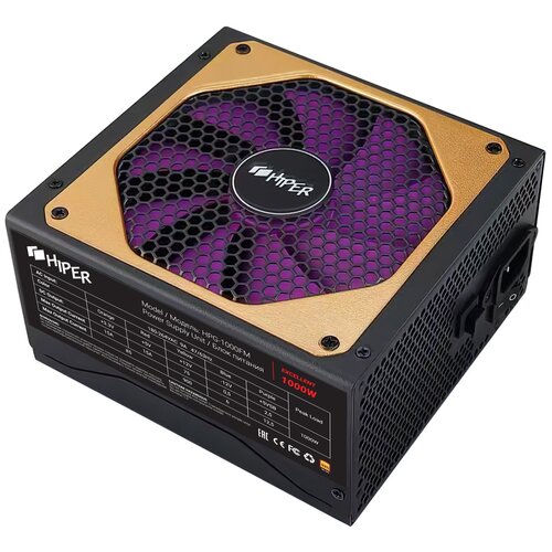 Блок питания HIPER для ПК 1000 Ватт/ PSU HPG-1000FM (1000W 80+Gold, 14cm Fan, 220V input, Efficiency 90%, Modular, Black) BOX