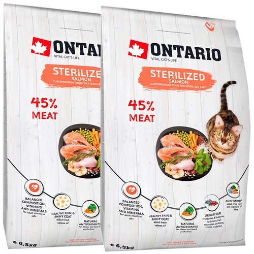 ONTARIO CAT ADULT STERILISED SALMON для взрослых кастрированных котов и стерилизованных кошек c лососем (2 + 2 кг)