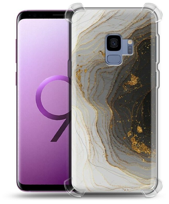 Дизайнерский силиконовый с усиленными углами чехол для Самсунг S9 / Samsung Galaxy S9 Мрамор черное золото