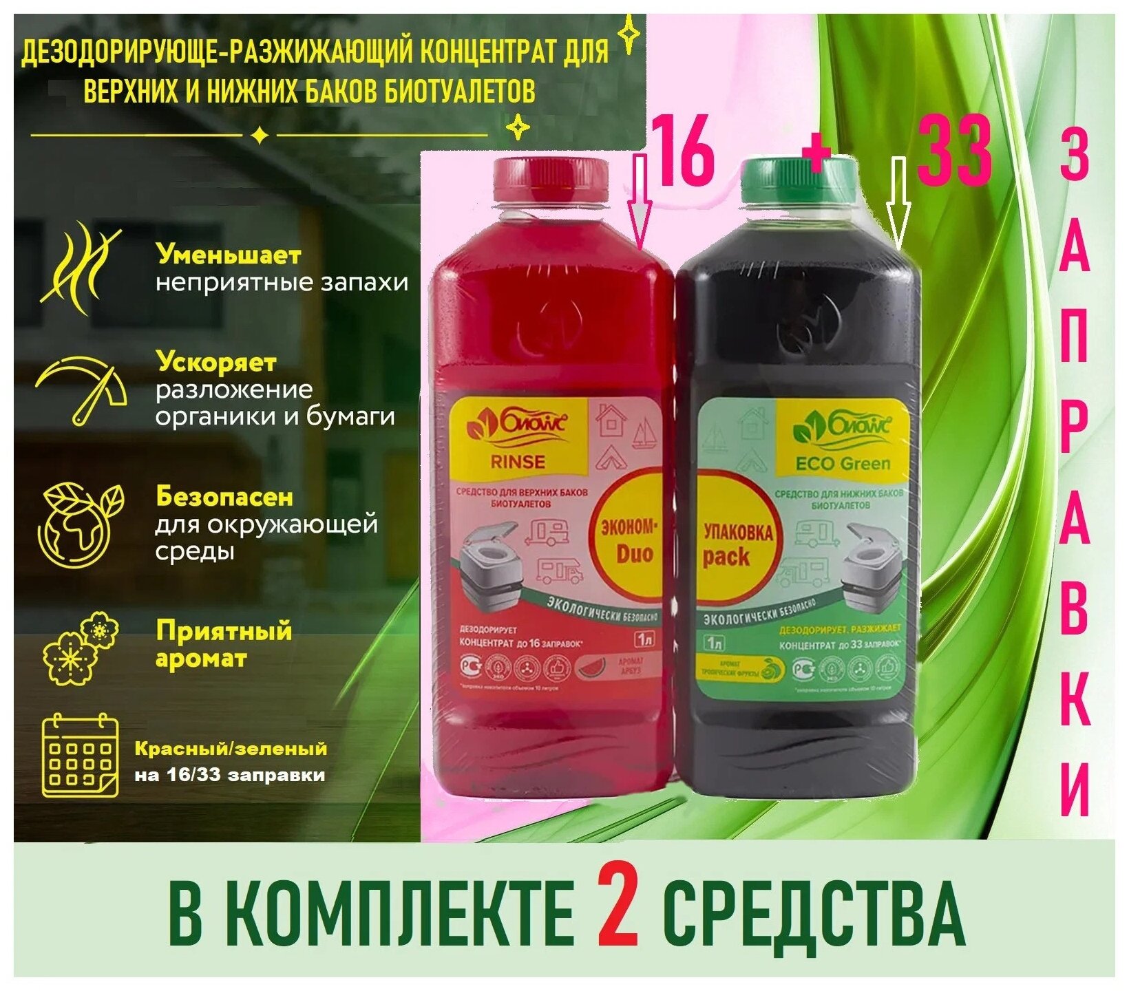 Набор средств для биотуалетов РФ БИОwc RINSE, 1л + БИОwc ECO Green, 1л - фотография № 4