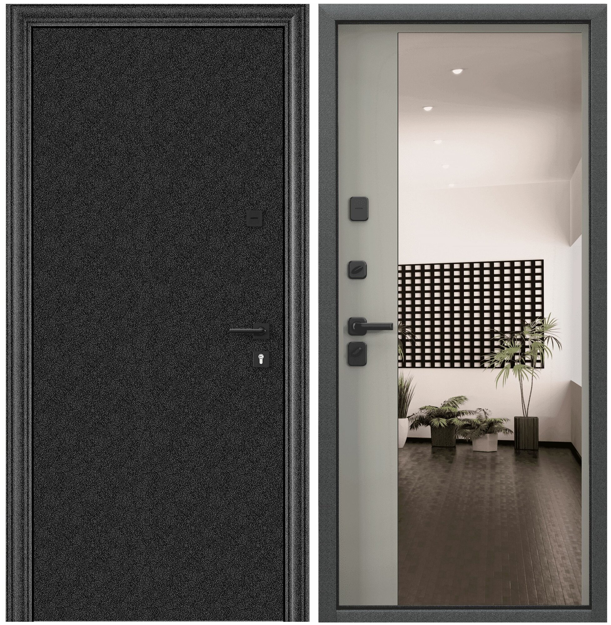 Дверь входная для квартиры Torex Super Omega PRO 950х2050 левый, тепло-шумоизоляция, антикоррозийная защита, замки 4-го класса, зеркало, черный/серый - фотография № 1