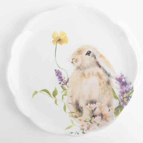 Тарелка десертная, 20 см, керамика, белая, Кролик в цветах, Easter