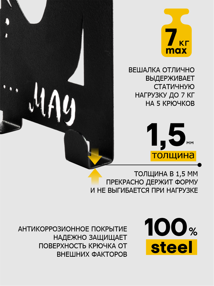 Вешалка на дверь на 5 крючков 'Коты' металл 36 х 18,5 х 6 см черная Verda Line — фото 1