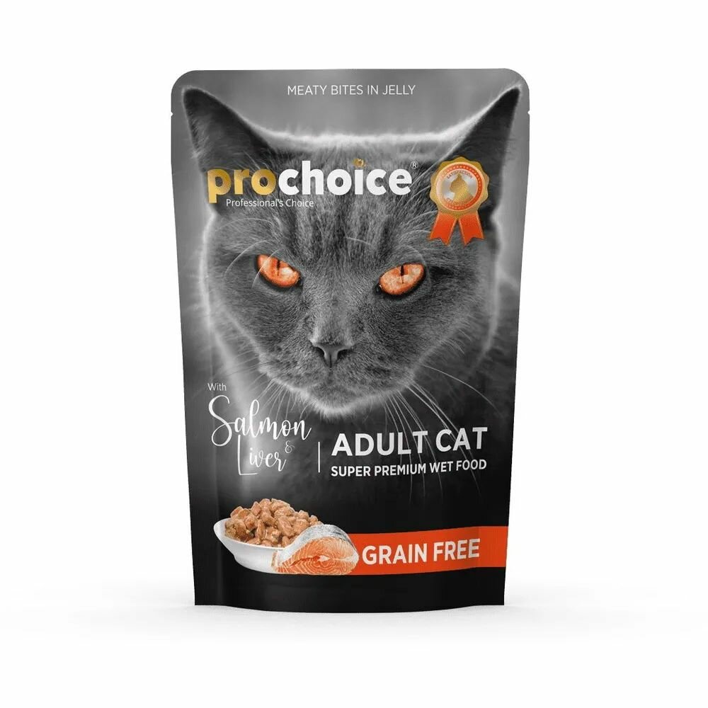 Prochoice Влажный корм для кошек Grain Free, с лососем и печенью кусочки в желе, 85г
