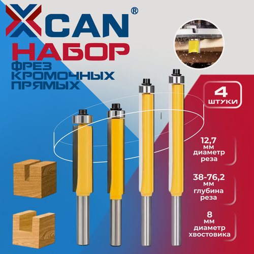Изображение товара Набор фрез кромочных прямых XCAN, с нижним подшипником, хвостовик 8 мм, 4 шт.