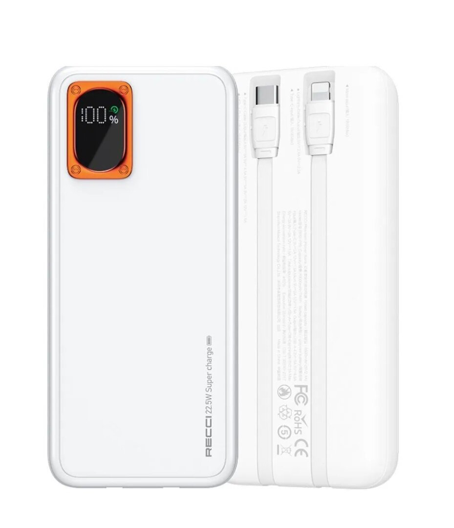 Внешний аккумулятор Recci Phantom 20000 mAh SCP22.5W/PD20W 2*Cable + 1*Port Белый